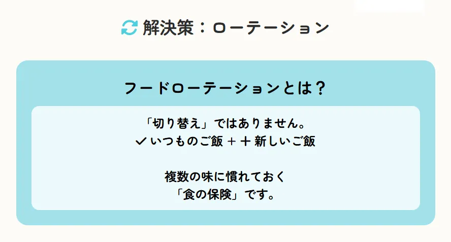 フードローテーションの重要性を示すインフォグラフィック。複数ペレットに慣れることで製造中止リスク、療法食への備え、災害対策、栄養バランスの幅が広がる様子を図解