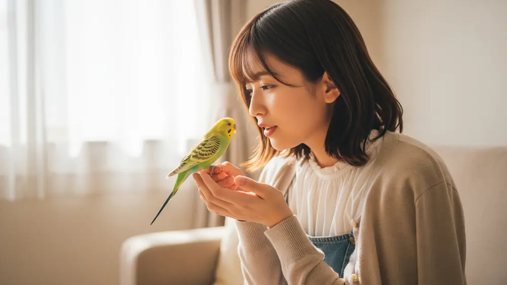 愛鳥の気持ちを理解し、セキセイインコと心を通わせる飼い主の温かい交流シーン