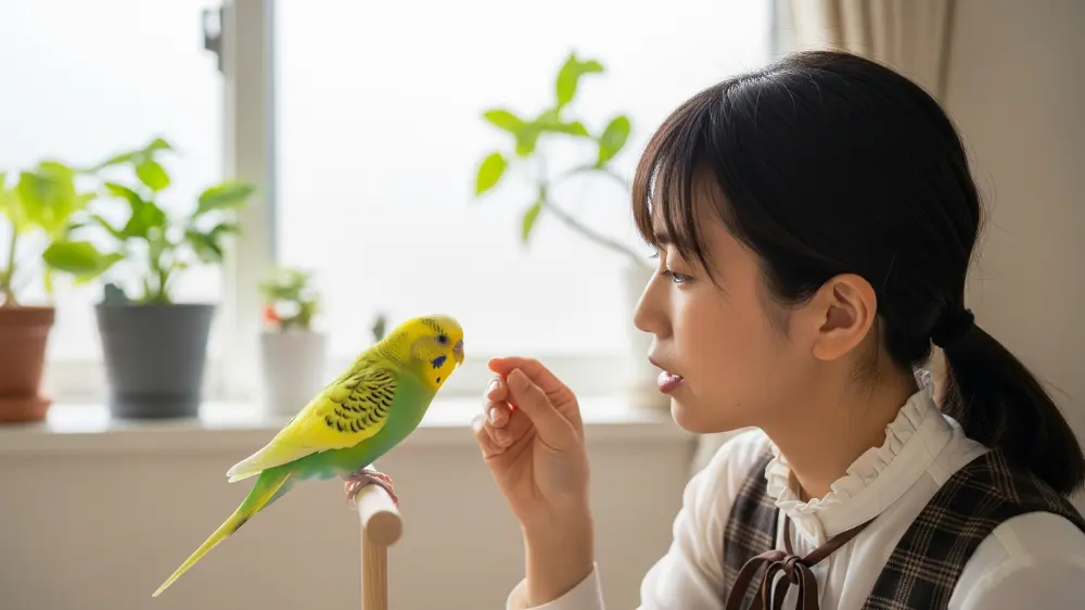飼い主の声掛けに安心した表情を見せるセキセイインコと、心を通わせる飼い主の画像