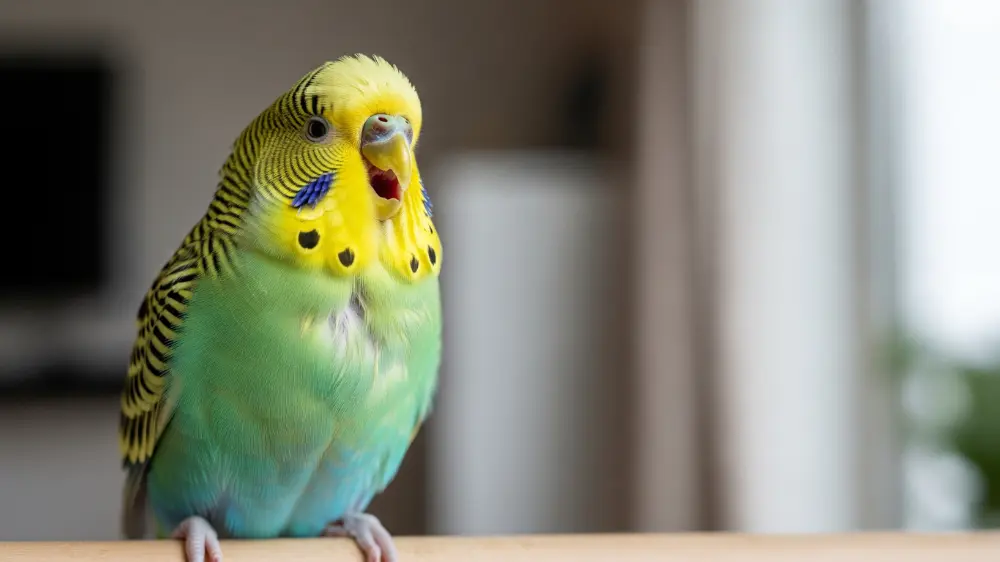 飼い主の姿が見えなくなり、不安そうに大きな声で「ピーピー」と呼び鳴きをする苦しそうな表情をしたセキセイインコの画像