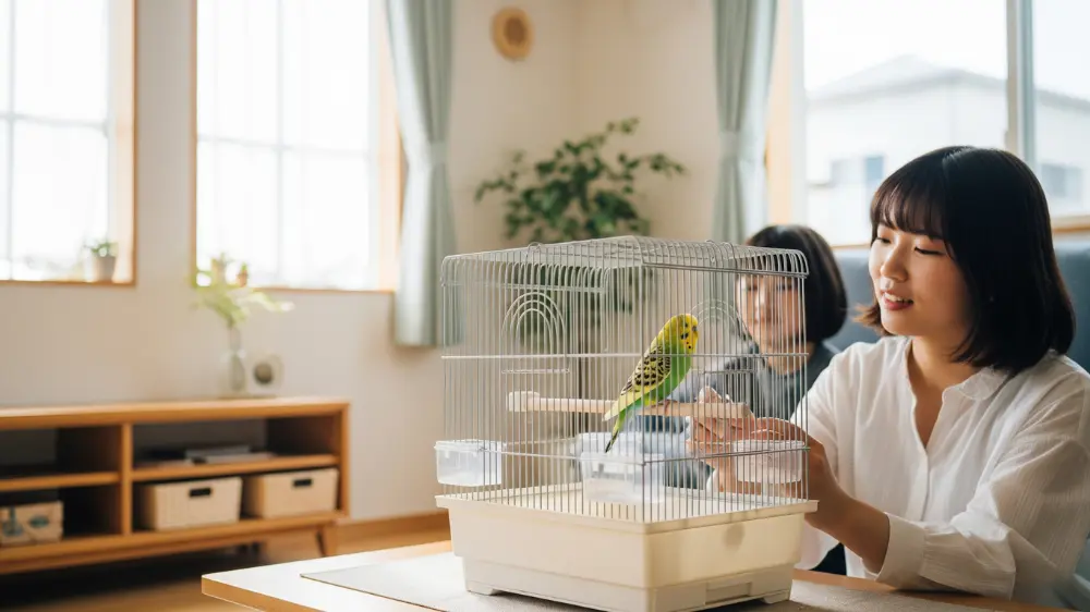 セキセイインコのケージが家族の見える明るいリビングに適切に配置されている様子