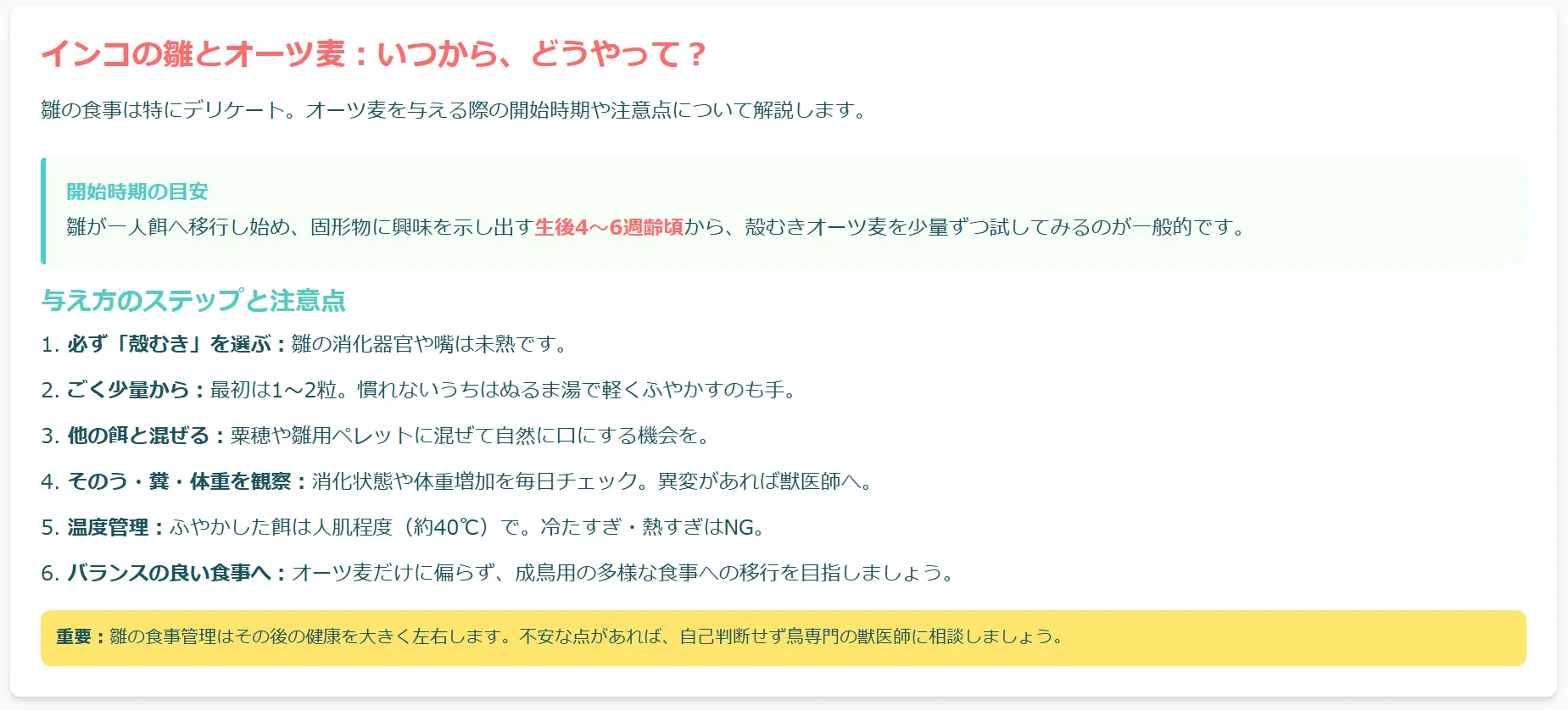 オーツ麦の雛への与え方
