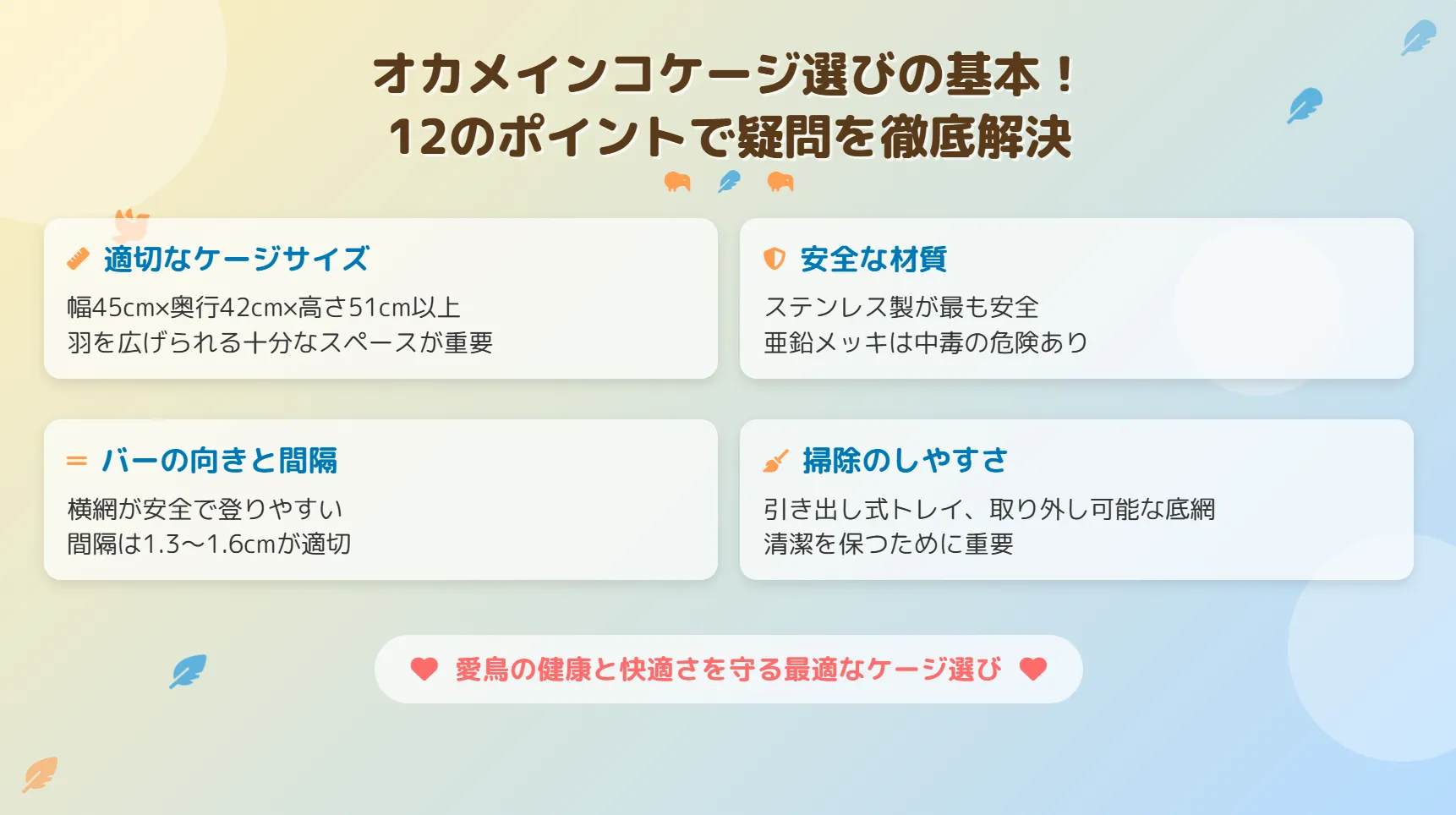 オカメインコケージ選びの12のポイント