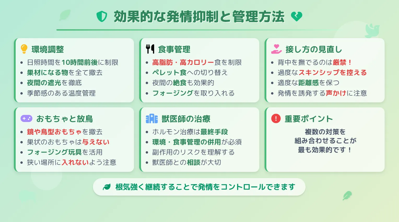 セキセイインコのメスの効果的な発情抑制と管理方法