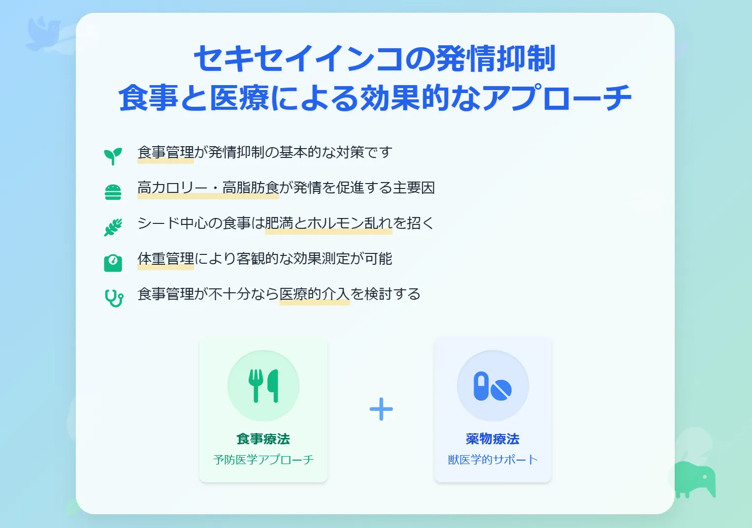 セキセイインコの発情抑制　食事と医療による効果的なアプローチ