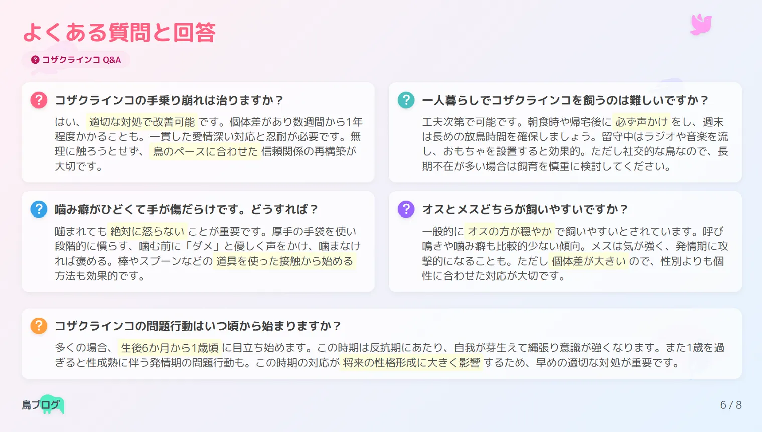 コザクラインコの手乗り崩れによくある質問