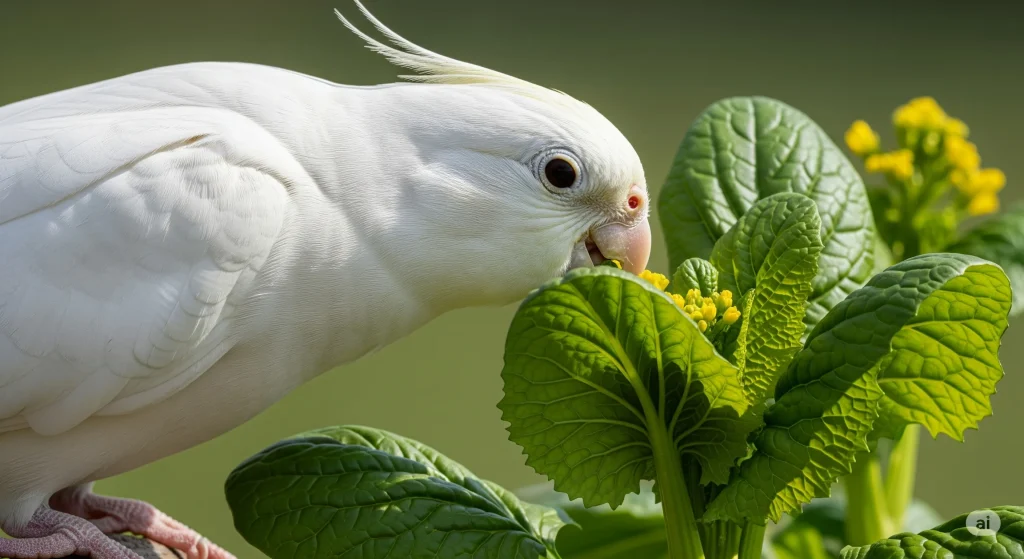 小松菜を食べるオカメインコ