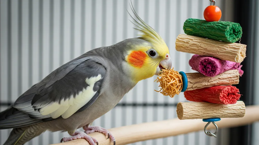 ケージ内でおもちゃやフォージングトイで遊ぶオカメインコ。退屈を解消し呼び鳴きを減らすための環境作りの実例