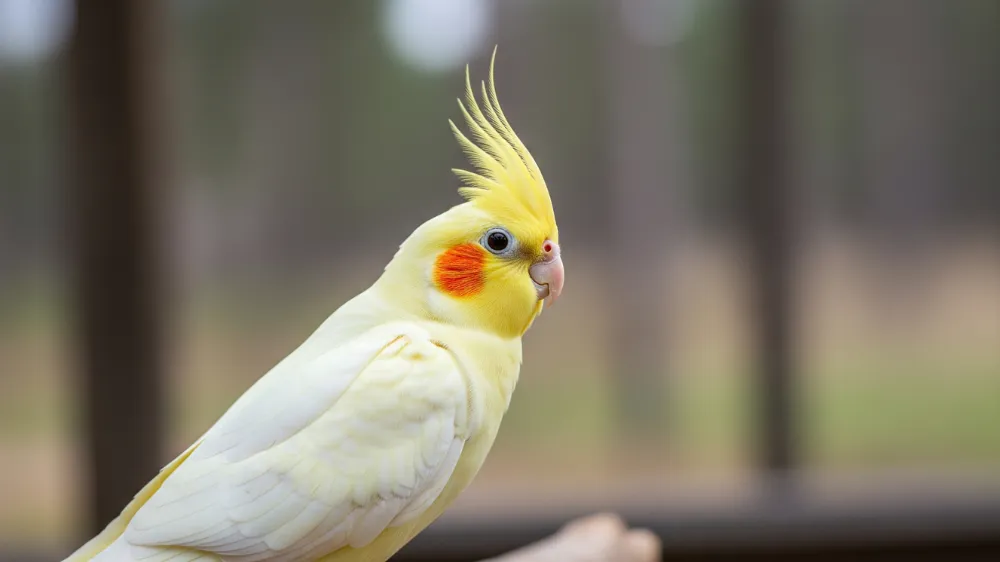 窓辺にいるオカメインコ。ルチノー種は光に敏感なため、直射日光を避けた飼育環境が必要。