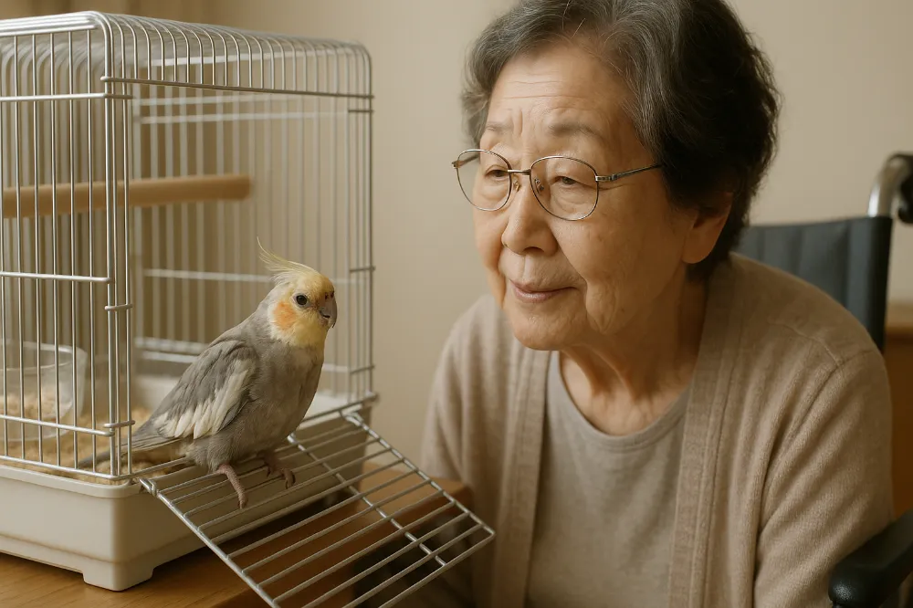 飼い主と老鳥のオカメインコが穏やかに触れ合う。年齢を重ねた愛鳥との暮らし
