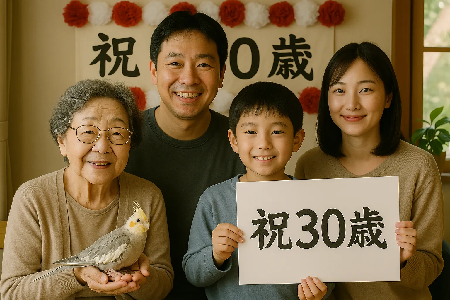 長寿のオカメインコの30歳を祝う飼い主家族。寿命を伸ばす飼い方の象徴