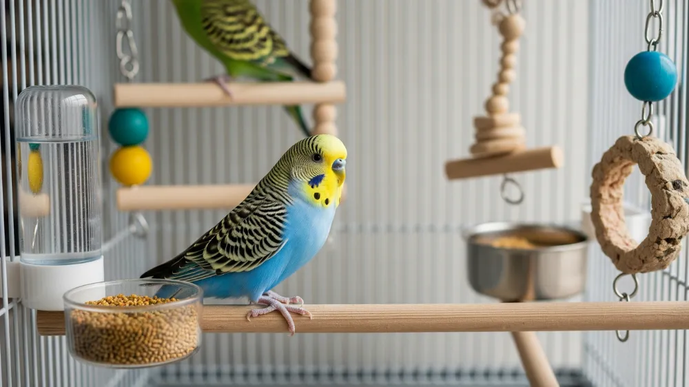 健康で美しいセキセイインコが理想的な飼育環境で長生きしている様子を示す、適切な栄養管理と清潔なケージでの飼育風景