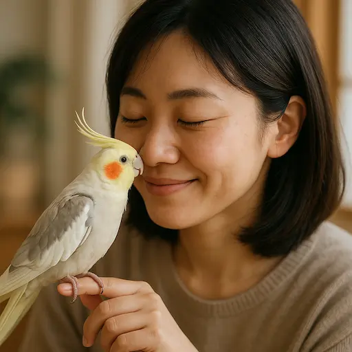 オカメインコを優しく肩に乗せ、信頼関係を築いている飼い主のイラスト