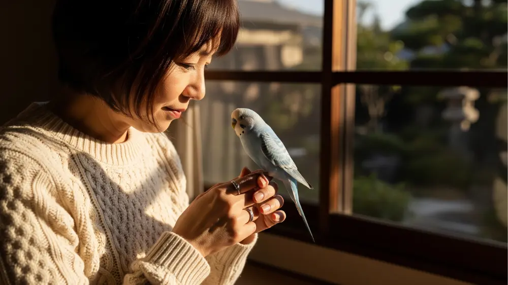 17年の長寿を全うしたセキセイインコと飼い主の絆。愛鳥の看取りと感謝の気持ちを表現した感動的な画像