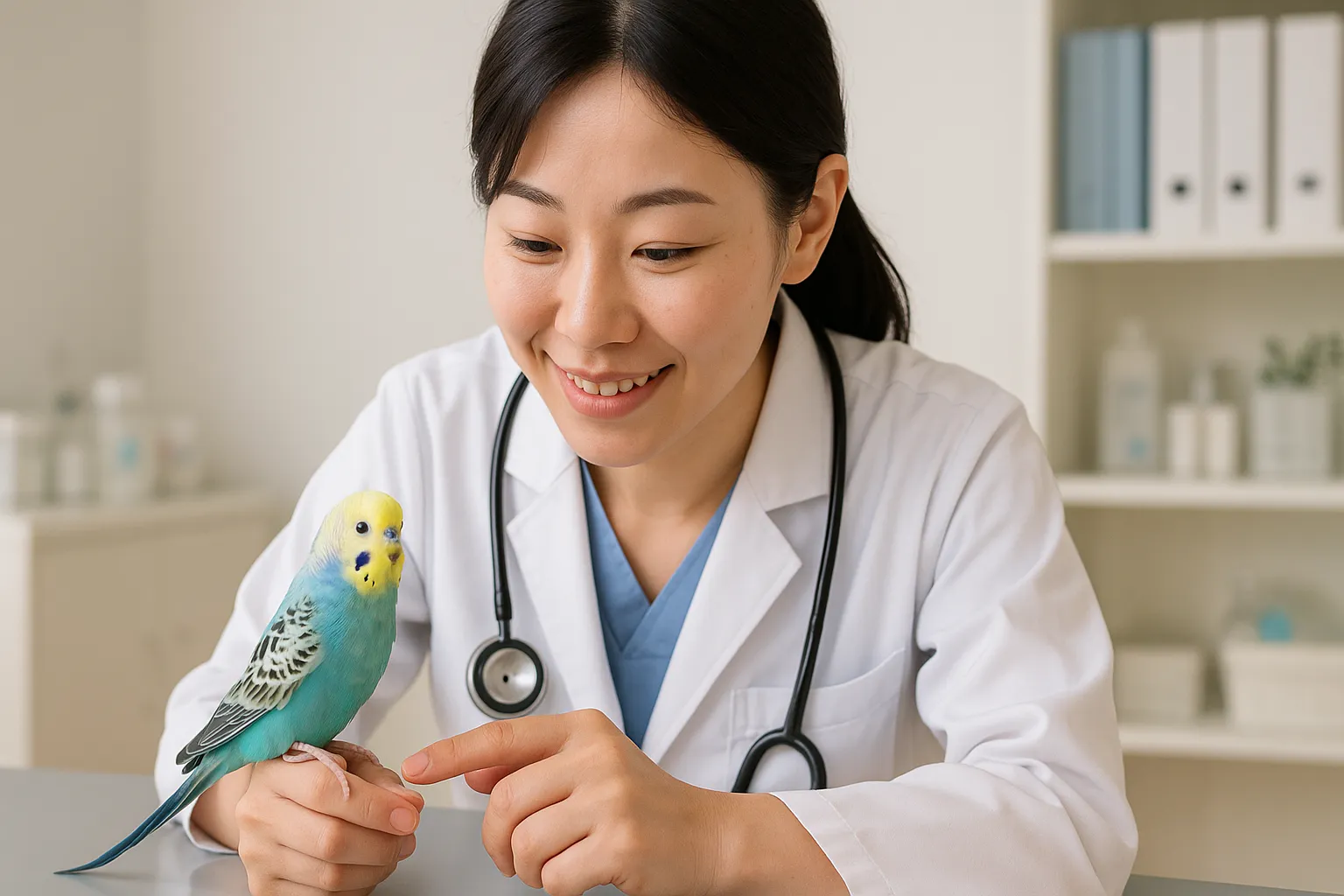 7歳の壁を乗り越えるため動物病院で健康診断を受けるセキセイインコ