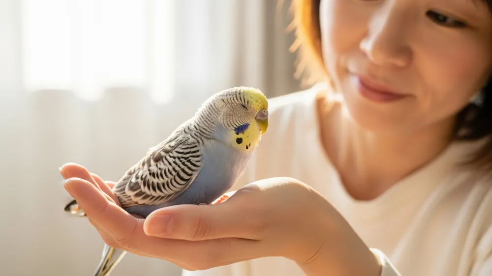 高齢のセキセイインコの介護。飼い主の手の中で優しく撫でられているシニアのインコ。