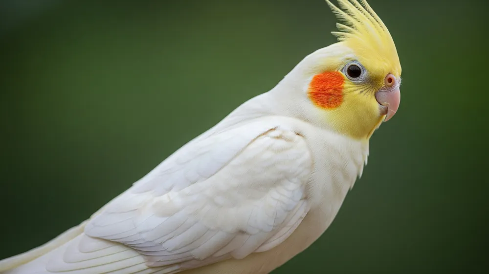 窓辺の止まり木で優雅に佇むオカメインコルチノー。そのクリーム色の美しい羽毛とオレンジ色のチークパッチが夕日を浴びて輝いている様子。