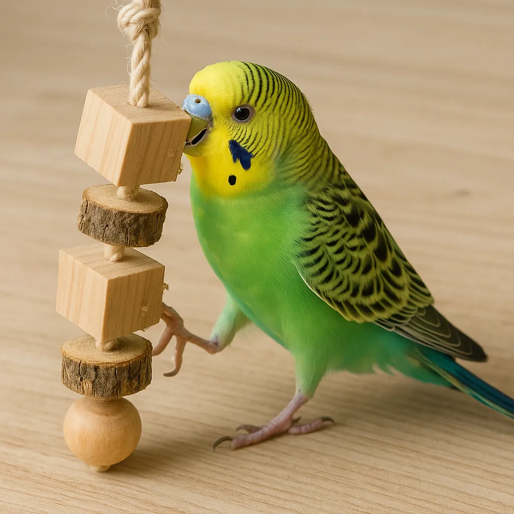 リラックスしたセキセイインコが安心できる環境で過ごしている平和な日常のイメージ