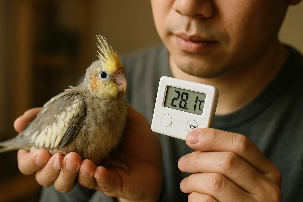 飼い主がオカメインコの雛（幼鳥）のためにケージの温度を測定している。適切な温度管理は重要