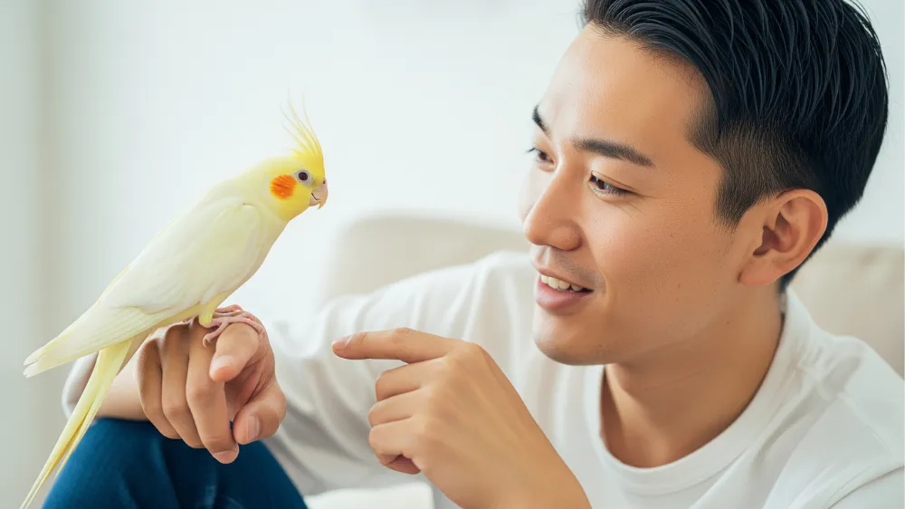リビングのソファでリラックスする飼い主の肩にとまり、優しく頭を撫でられて気持ちよさそうに目を細めるオカメインコルチノー