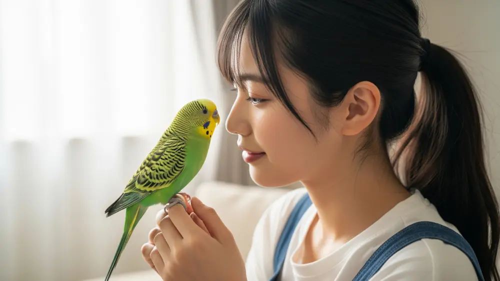健康で長生きしたセキセイインコが飼い主と幸せそうに過ごしている感動的なイメージ