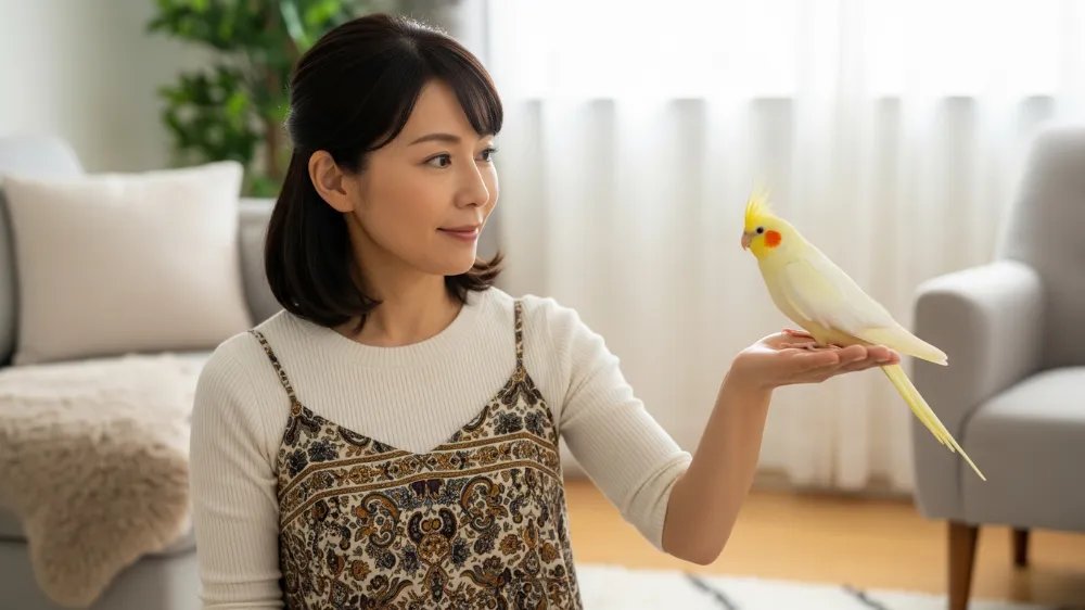 適切な体重管理によって健康を維持し、リラックスした表情で飼い主の指にとまる幸せそうなオカメインコ。