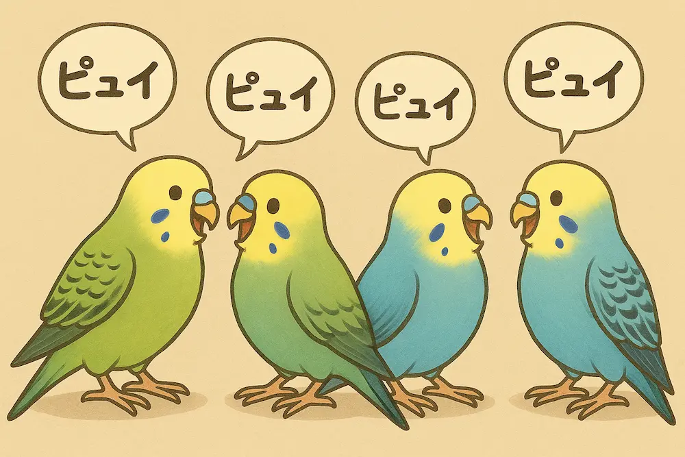 複数のセキセイインコが鳴き合っている様子
