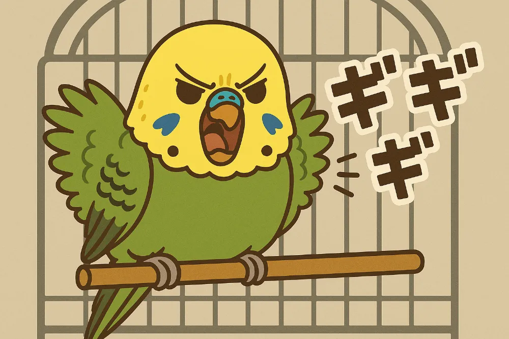 ケージ内で羽を広げて威嚇姿勢を取る黄色と緑色の鳥