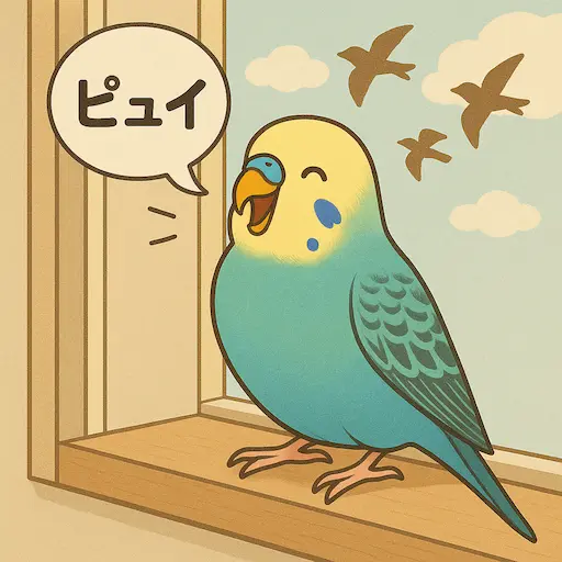 セキセイインコが窓辺でピュイと鳴いている様子