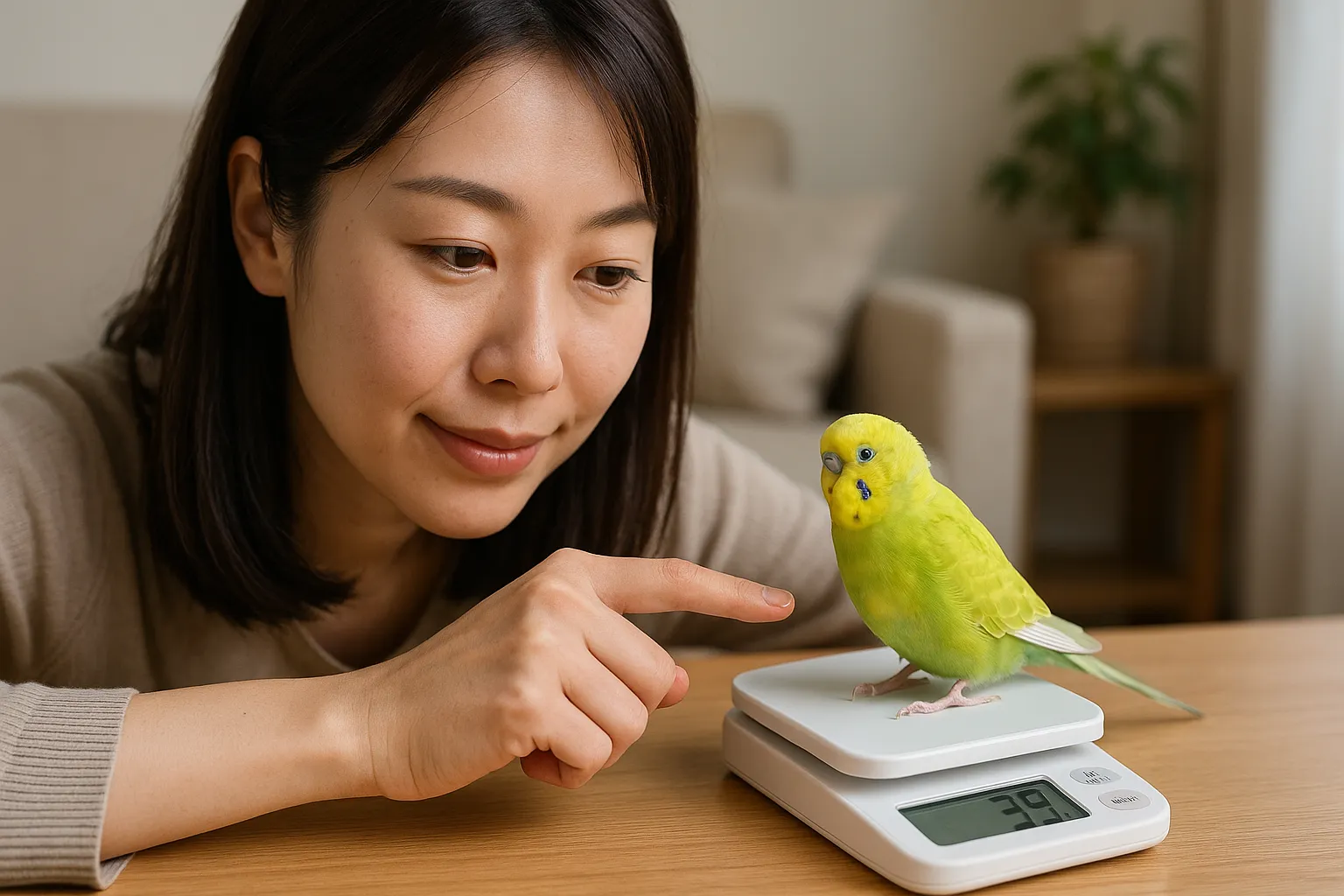 セキセイインコの健康管理に欠かせない体重測定。キッチンメーターで手軽に測る様子