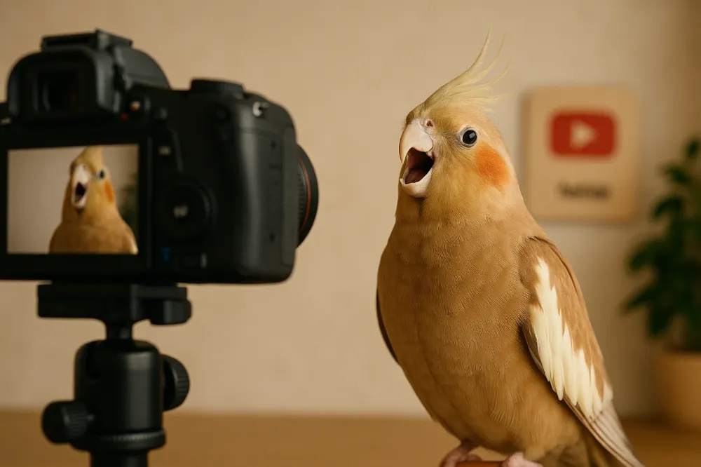 スマートフォンでオカメインコ風太の動画を見て楽しむ女性