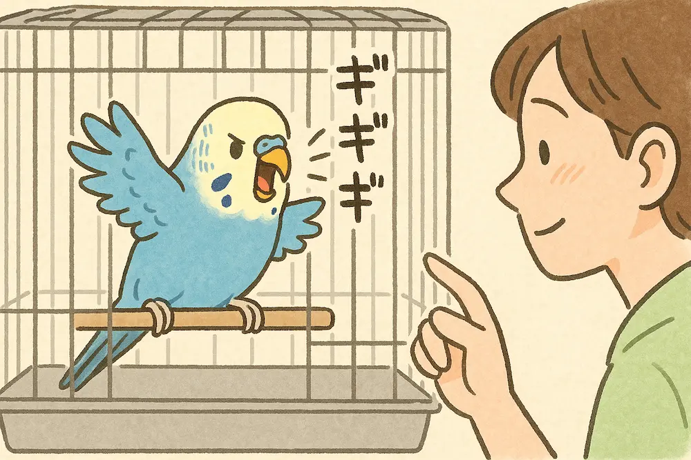 ケージから出たがってギギギと鳴くセキセイインコのイラスト