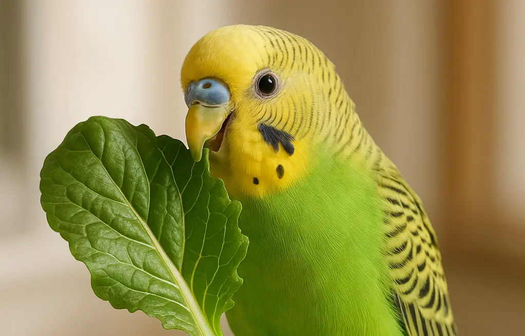 小松菜を食べるセキセイインコ