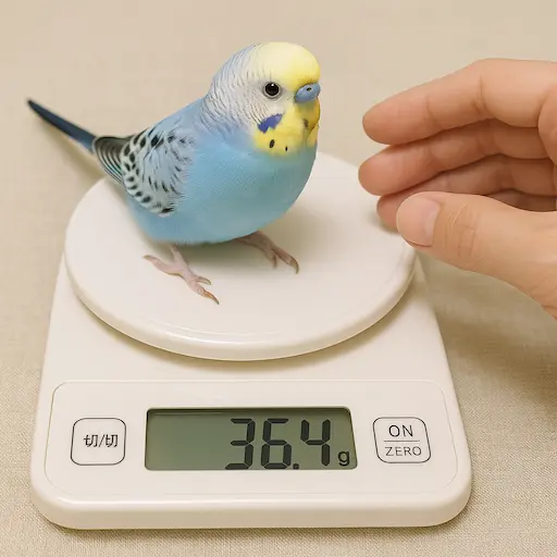 健康なセキセイインコが食事の前に体重を測っている画像