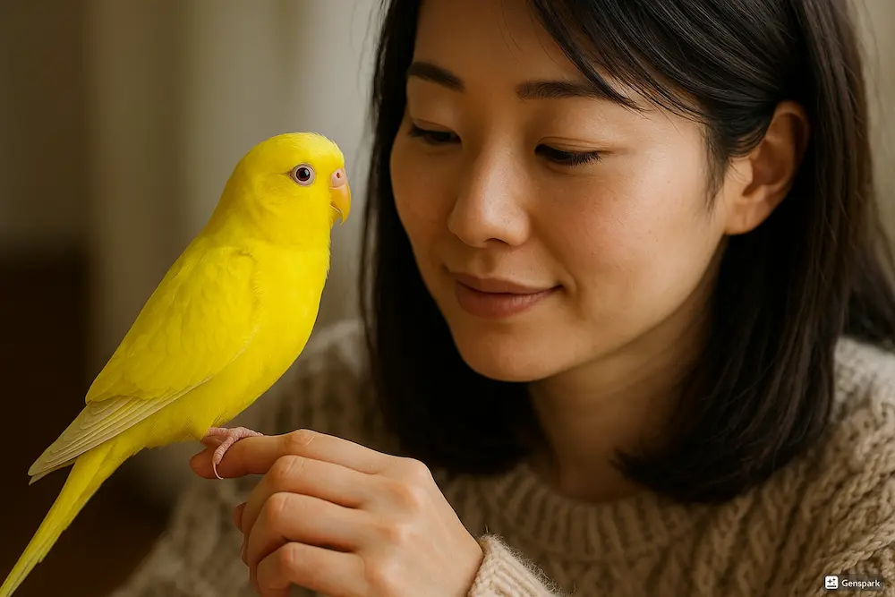 飼い主の指に優しく乗るセキセイインコルチノー。信頼関係を築くコミュニケーションの様子