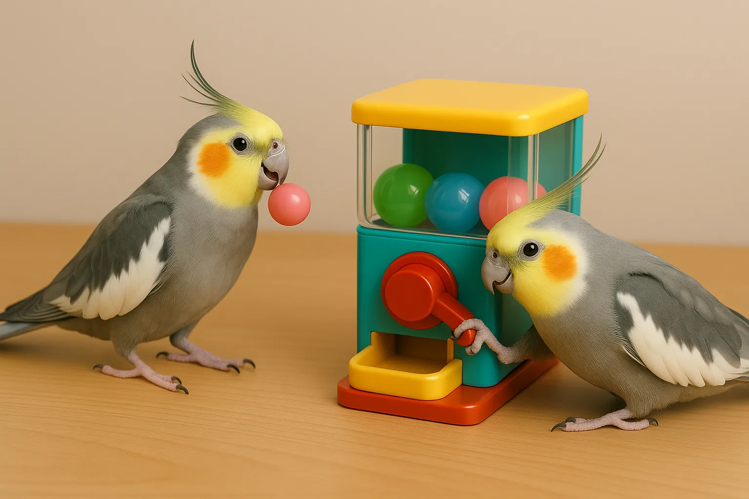 ターゲットトレーニングで「お手」のような芸を覚えるオカメインコ。段階的な教え方が重要。