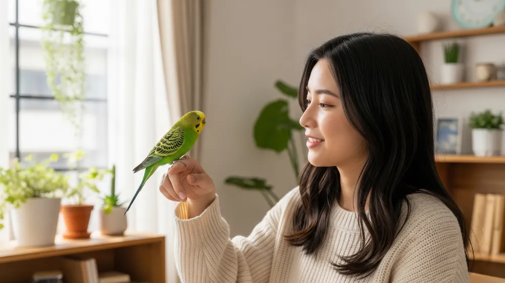 飼い主と幸せそうに触れ合う長寿のセキセイインコ。信頼関係が寿命を延ばす。