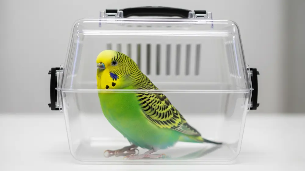 緊急搬送用のキャリーケース（プラケース）に入ったセキセイインコの画像