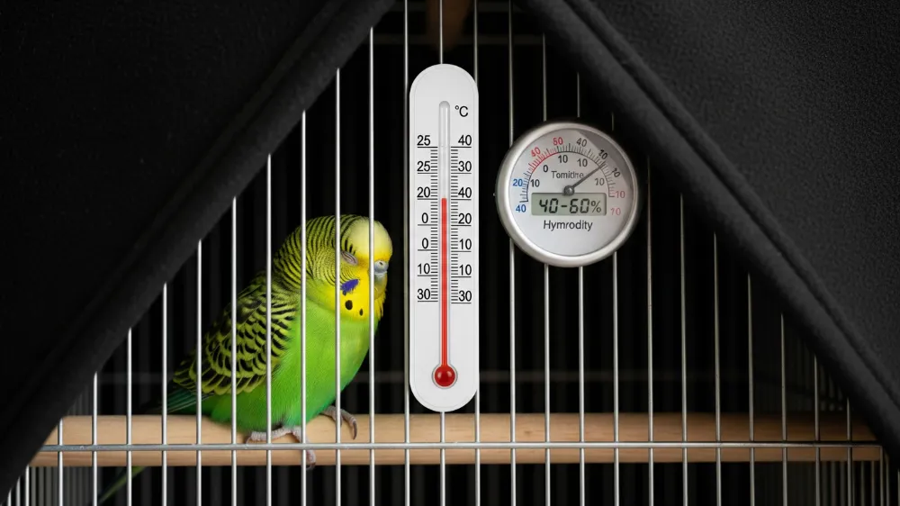 理想的にセットアップされたセキセイインコの飼育環境、温度計と湿度計が見える快適な空間