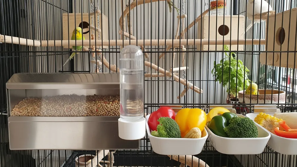 セキセイインコの長寿を支える高品質ペレットフードと新鮮野菜を配置した現代的で清潔な飼育ケージ環境