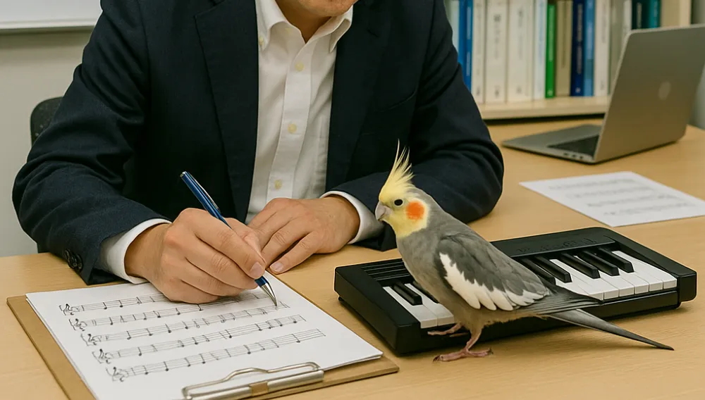 研究室でヘッドフォンから流れる音楽に耳を傾ける知的な表情のオカメインコ