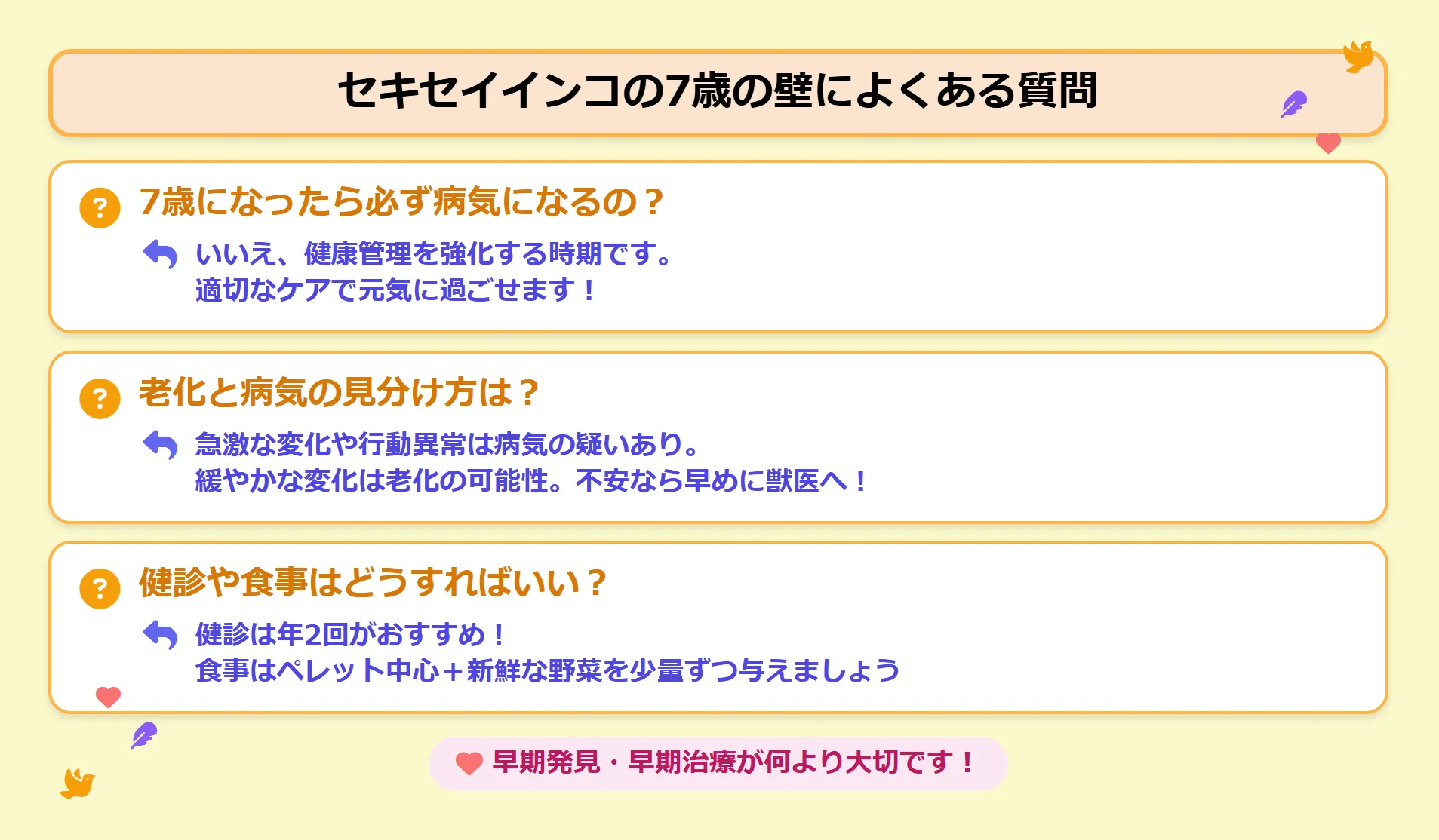 セキセイインコの7歳の壁に関するよくある質問（FAQ）とそれに対する回答をまとめたインフォグラフィック。