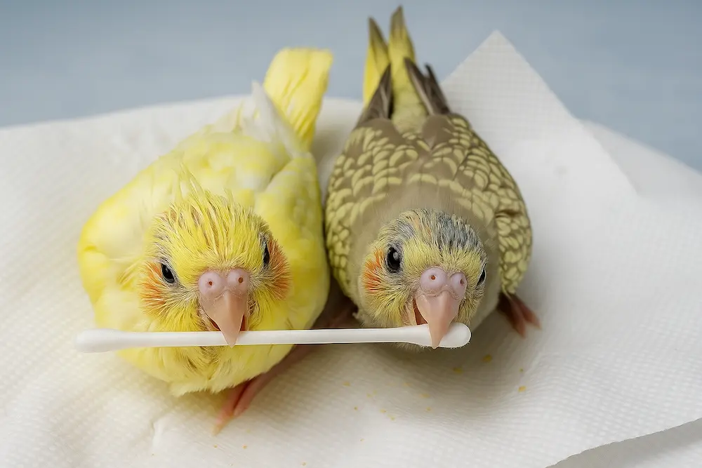 疑問符のアイコンを背景に首をかしげる可愛らしいオカメインコ雛
