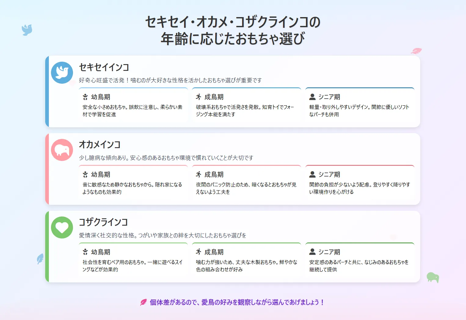 セキセイ・オカメ・コザクラインコの年齢に応じたおもちゃ選び
