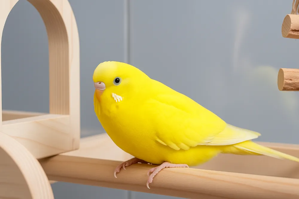 バリアフリーのケージで穏やかに過ごす高齢のセキセイインコルチノー