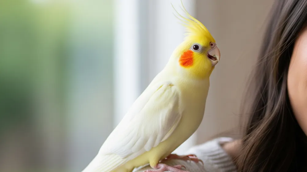 飼い主の肩に乗ってリラックスする健康なオカメインコルチノー。適切な飼育で20年以上の長寿が期待できる。