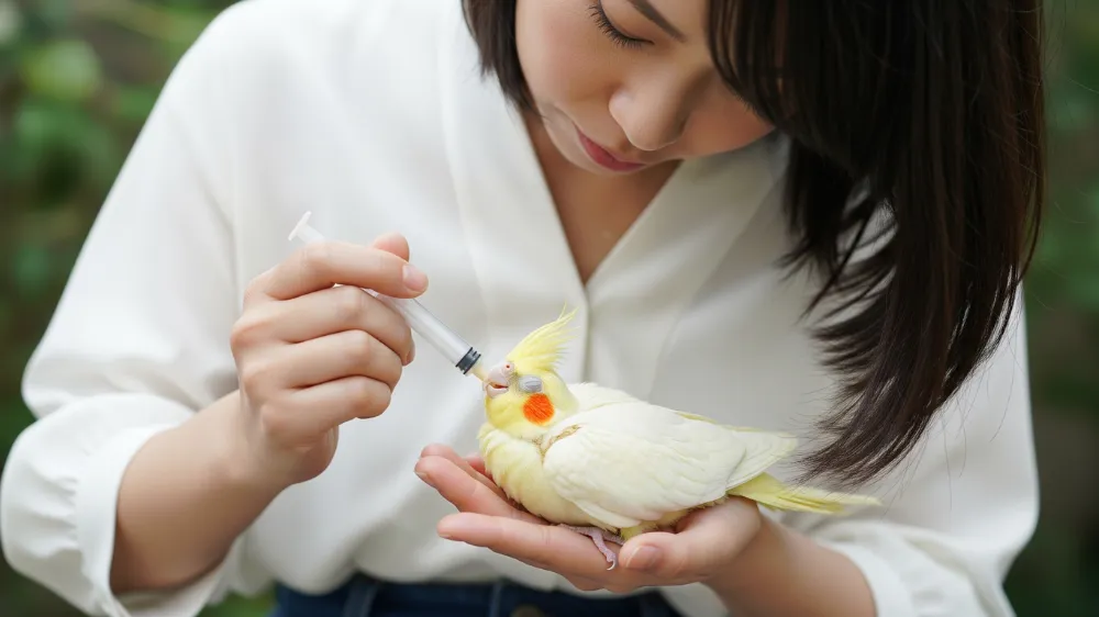 飼い主が愛情を込めてスプーンを使い、口を開けて待つオカメインコルチノーの雛に優しく挿し餌を与えているクローズアップ写真
