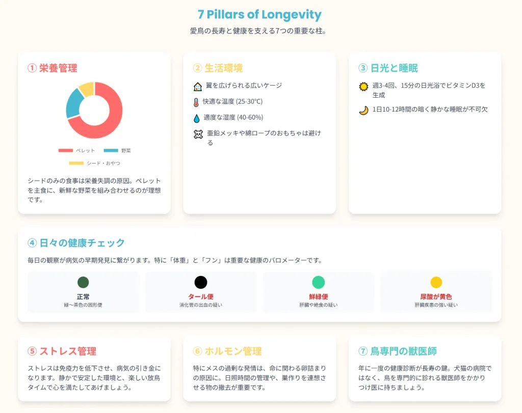 愛鳥の長寿と健康を支える7つの重要な柱