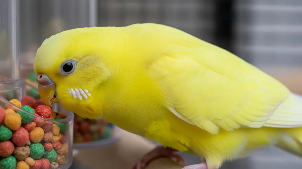 専用の餌入れでペレットを食べるセキセイインコルチノー