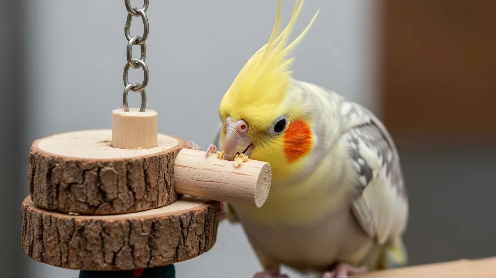 自然木の止まり木をかじって遊ぶインコ。樹皮をむいたり木の繊維を削る行動がストレス発散と探索欲求の充足につながる